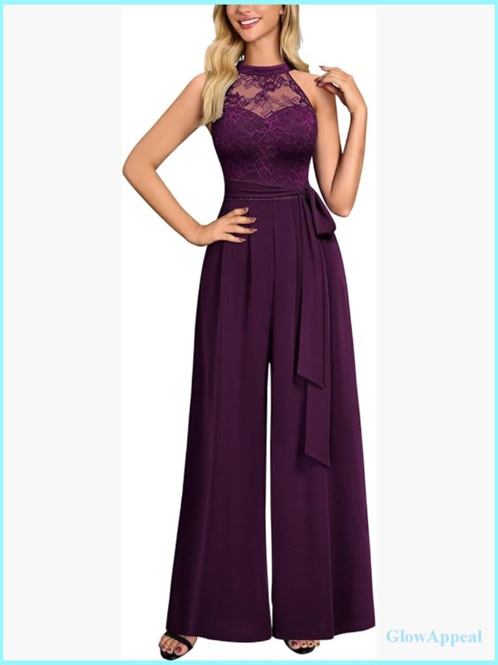 Sexy Halter Neck Sleeveless Floral Lace Jumpsuit with Belt